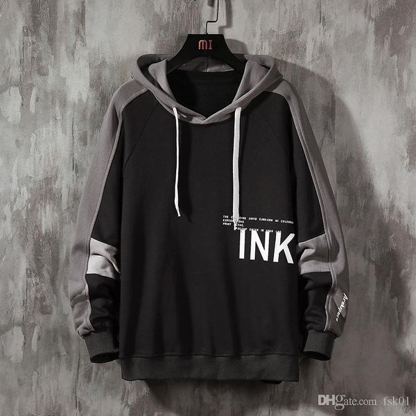 

2020 autumn spring patchwork black hoodies men's sweatshirts hip hop punk streetwear casual pullover kg-153