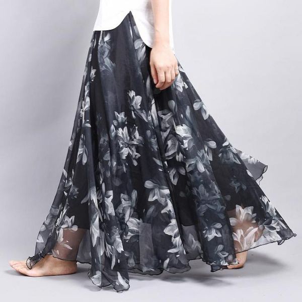 

2020 summer skirt vintage bohemia chiffon floral printed maxi skirt boho floor-length beach style fairy skirt q1209, Black