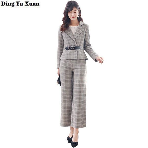 

women's two piece pants office lady grey khaki striped trouser suite formal belt blazer jacket with wide leg suits for women 2 set clot, White