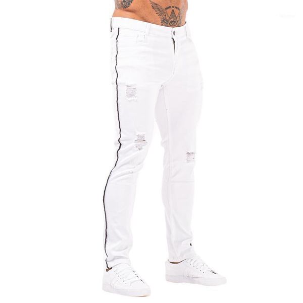 

gingtto jeans white hip hop men cotton high waist pants stretch skinny jeans men waist elastic pants for silm fit zm1431, Blue