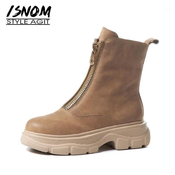 

boots isnom platform women genuine leather ankle fashion round toe zipper booties faux short plush flat winter shoes1, Black