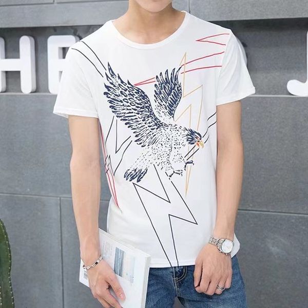 

korean slim round neck printing versatile short sleeve men's summer t-shirt trend, White;black