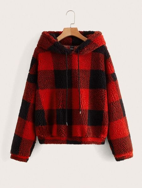 

plush plaid teddy drawstring hoodie 14hz#, White;black