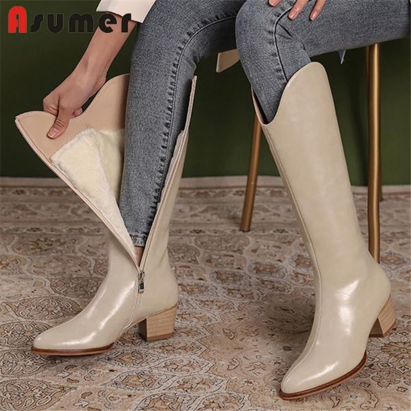 

boots asumer genuine leather wool snow women square heel riding pointed toe thick fur knee high woman, Black
