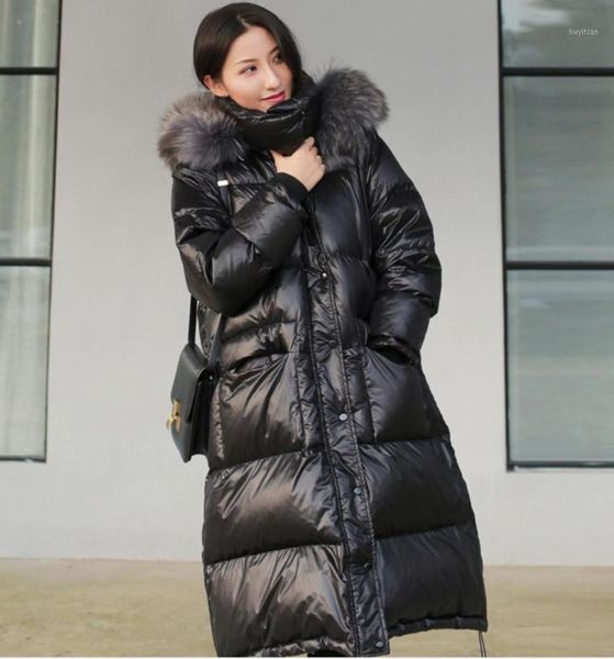 

2019 winter thickening new loose down jacket female long section fashion braid hair collar thick coat female1, Black