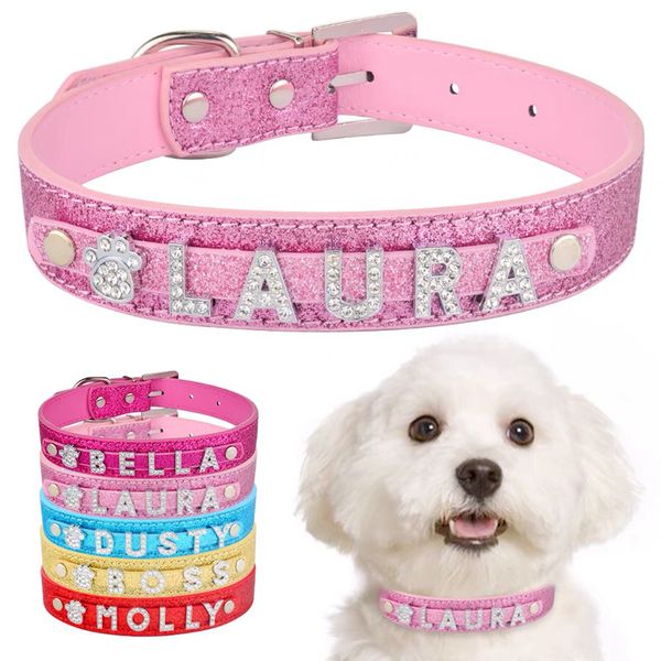 Colares de cães de couro PU com strass nomes personalizados letras diamante jóias jóias gemas diy etiqueta de pet charts de colar