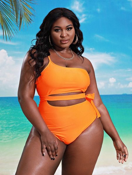 

sxy plus cut-out knot one shoulder one piece swimsuit a5wz#, Black