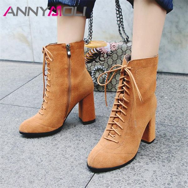 

annymoli real leather ankle boots women cow suede thick heels short boots zipper super high heel shoes ladies autumn size 34-39, Black