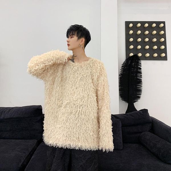 

men autumn winter knitted hair tassel loose casual pullover sweater male women streetwear hip hop stage lovers sweater1, White;black