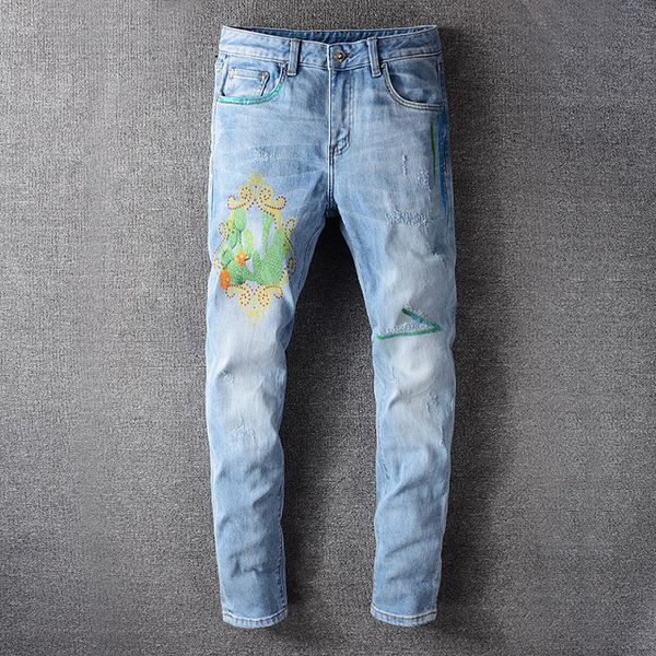 

fashion-luxury arma print designer mens stretch jeans spring long straight mid waist mens jeans homme clothing, Blue