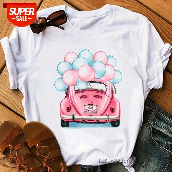 

vogue pink car and balloon print t shirt women just married tshirt femme kawaii clothes for girls harajuku female t-shirt #zw7z, White
