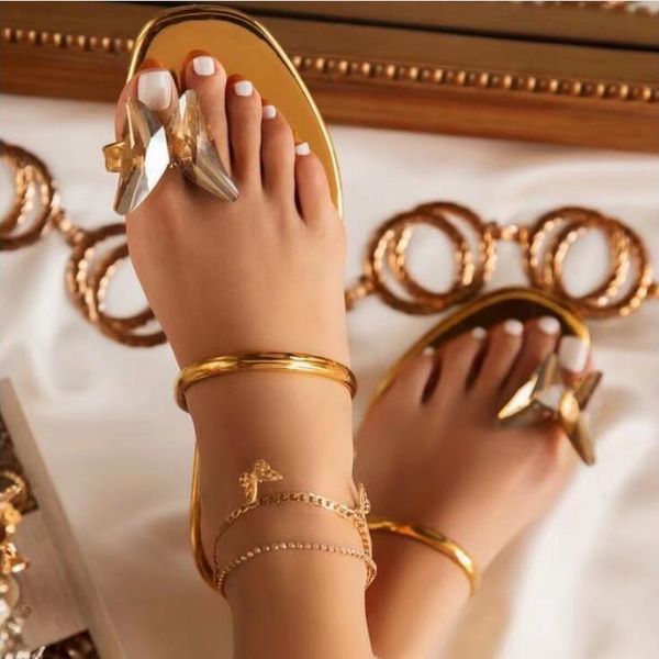 

2021 summer new style with rhinestone golden butterfly single finger women beach sandals outdoor leisure all-match ms slippers, Black