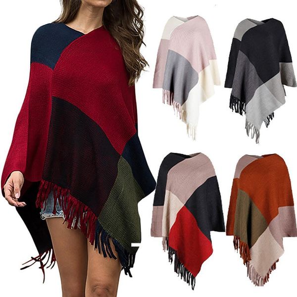 

winter plaid tassel sweater women ladies fashion v neck irregular patchwork cloak loose shawl sweater coat, White;black