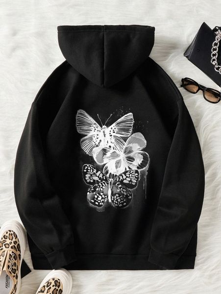 

butterfly print drawstring thermal lined hoodie i2yy#, White;black