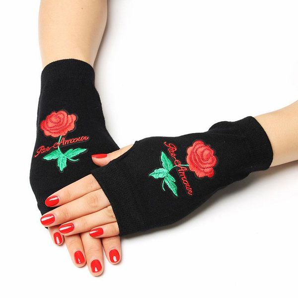 

five fingers gloves rose printed lady rhinestone fingerless women men sparkling knitted black wool half finger computer mittens warm, Blue;gray