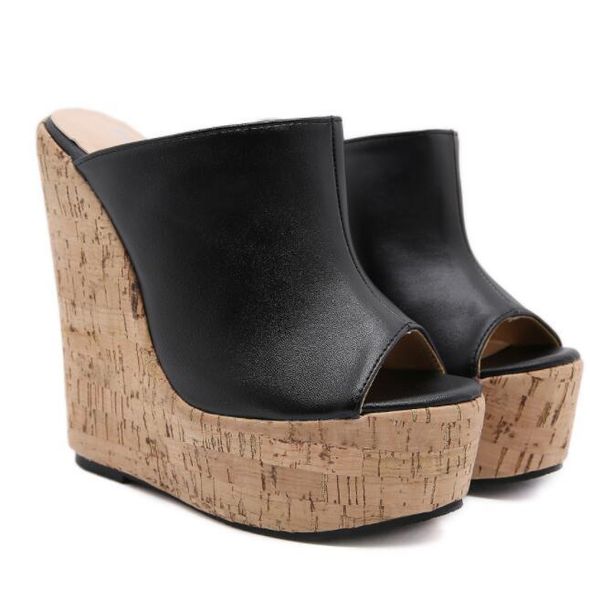 

slippers est peep toe platform wedge black summer shoes woman super high sandal 35-42 mules