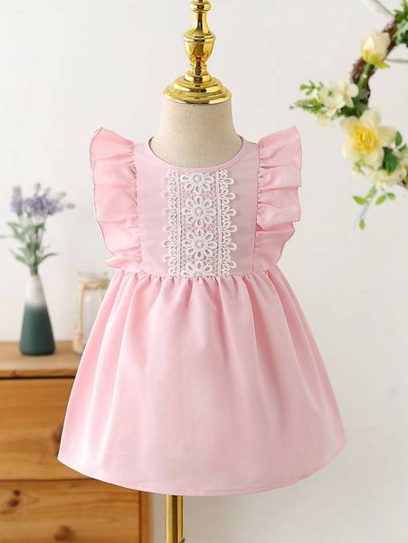 

baby ruffle trim guipure lace appliques dress she, Red;yellow