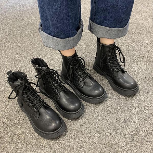 

lace up brand women's shoes white ankle boots boots-women round toe fashion low rock rubber 2021 ladies autumn lace-up fabric1, Black