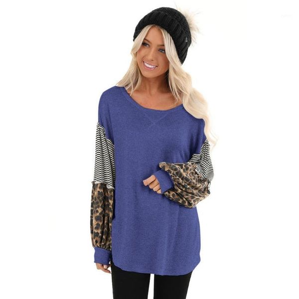 

women casual spring shirts leopard print long sleeve splicing striped loose ladies o-neck leisure style blusas#lr31, White