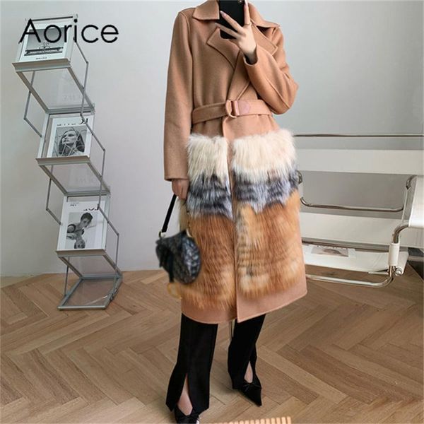 

aorice women real fur wool blends coat jacket parka long trench ct076, Black