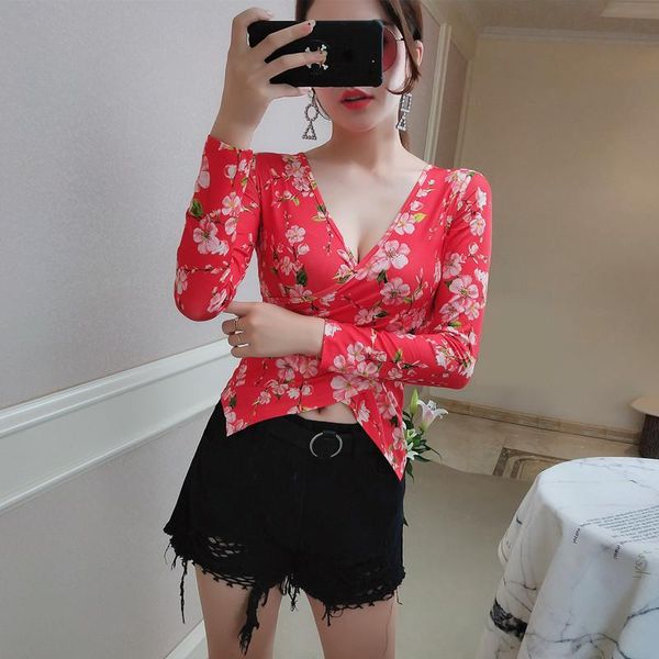 

women's t-shirt woman 2021 spring summer cross v - neck stretch tight floral base shirt long sleeve t bodycon, White