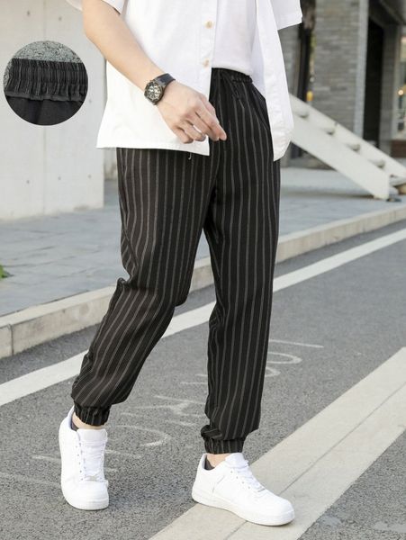 

men vertical striped drawstring waist pants u8cq#, Black