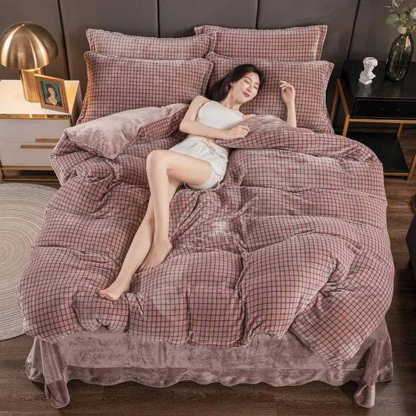 

журнальная простая решетка принт зимний пододеяльник крышка плоский лист наволочки постельное белье set  king размер норки бархат утеши