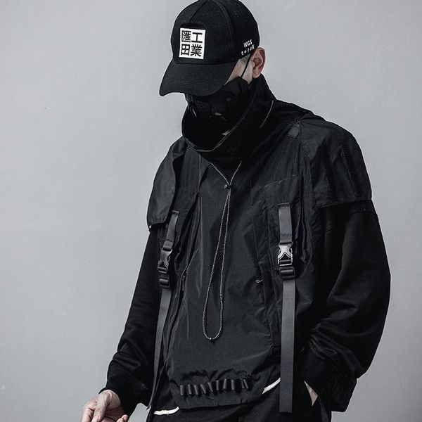 

retro tooling tactical vest men's trend game hip-hop multi-pocket sleeveless waistcoat black casual vest hat detachable, Black;white