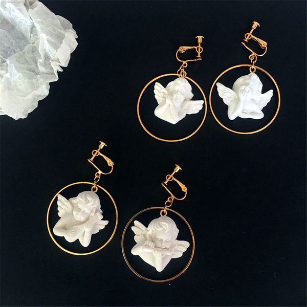 

funny handmade angel wings cupid dangle drop earrings cute love god circle asymmetric earrings for woman girl fashion jewelry, Golden