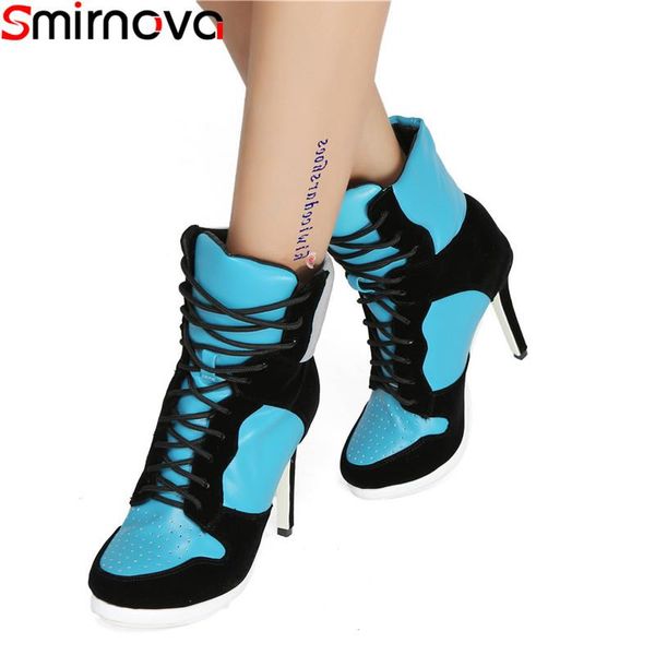 

boots smirnova plus size 35-47 fashion ankle for women round toe lace up high heels shoes mixed colors autumn winter, Black