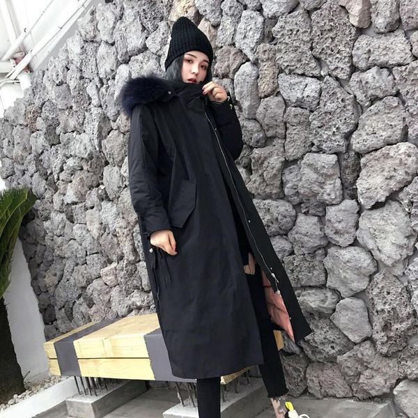 

over the knee thickened women's coat 2020 winter down jacket women's hooded big hair collar pie overcomes loose waist, Black