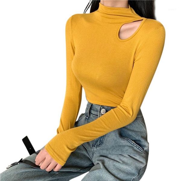 

women t shirt new fashion spring autumn girls female long sleeve turtleneck hollow out shirt casual korean camiseta1, White