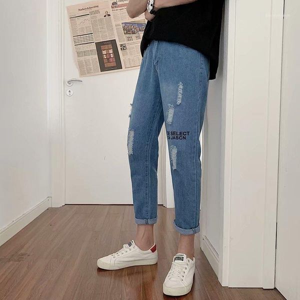 

men's jeans wholesale 2021 spring summer letter printed men's ripped hole wild loose casual teenagers feet ankle length pants1, Blue