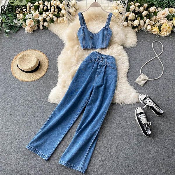 

ggarich women denim 2 piece set fashion korean style retro short sling vest ladies high waist wide leg trousers suit1, Gray
