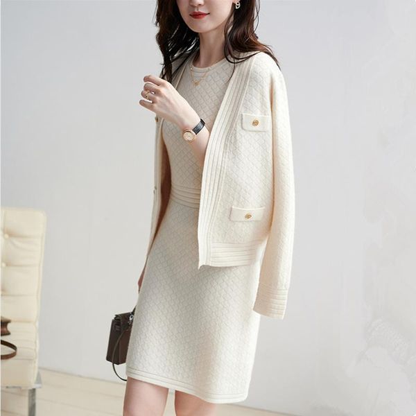 

cashmere knitted women suit office lady set elegant two piece 2021 new spring winter cardigan & dress suit coat, Gray