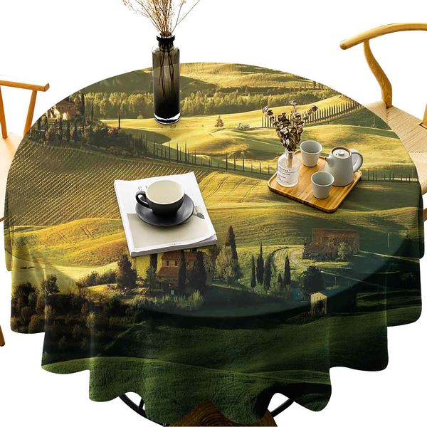 

round tablecloth cotton linen dust-proof table cover peaceful landscape of pienza tuscany vineyard trees meadow hill ancient house
