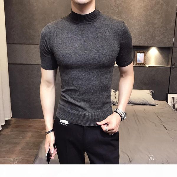 

2018 fashion short-sleeve sweater mens turtleneck sweaters brown cardigan mens british style basic slim fit gentleman sexy, Black;white