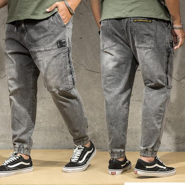 

джинсовые повседневные растягивающиеся девять точечные джинсы серые жирные парня мужчин гарем брюки свободные хлопковые мужские негабаритные, Blue