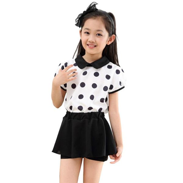 

girls summer clothes set dot shirt + skirt 2pcs girl set clothes teenage kids chiffon clothing 6 8 10 12 13 14 year, White