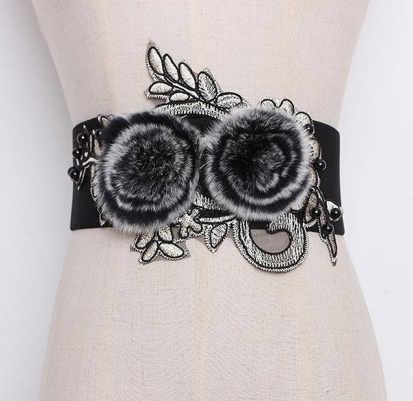 

women's runway fashion fur flower elastic cummerbunds female dress corsets waistband belts bow decoration wide belt r1299, Black;brown