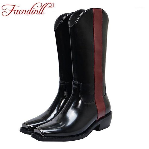

facndinll women boots new fashion genuine leather and patent leather square med heels shoes woman black knee high boots1