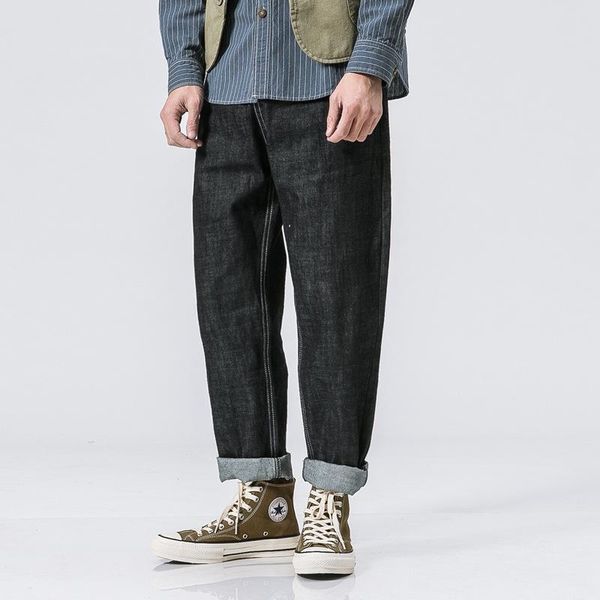 

men's jeans japanese retro fashionable solid color loose straight pants, Blue