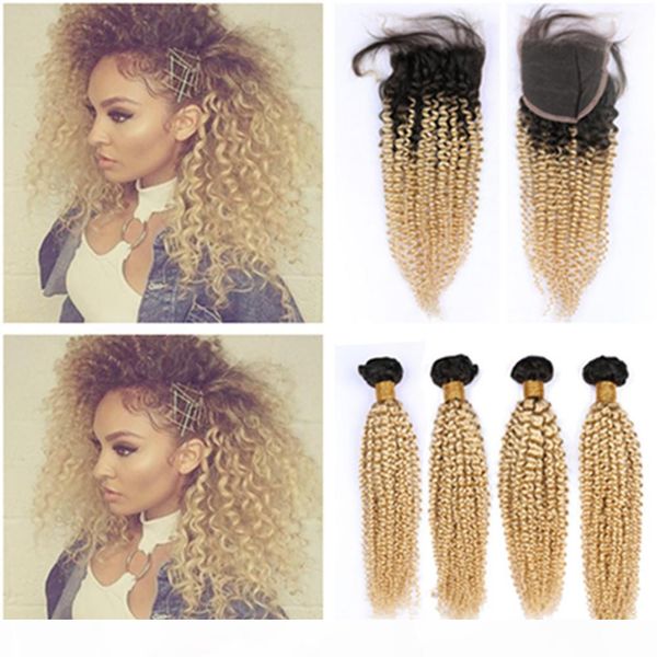 

ombre bundles and closure blonde ombre kinky curly virgin human hair 4 bundles with lace closure brazilian hair #1b 613 ombre dark roots, Black;brown