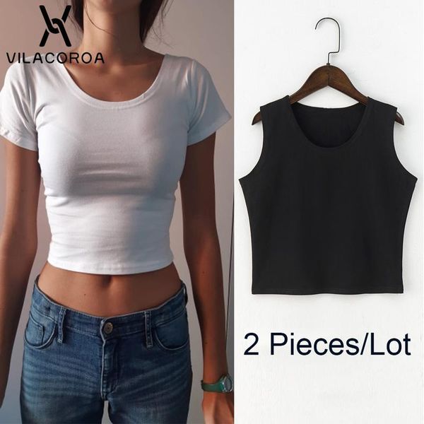 

2 piece 1 lot cotton harajuku women's t-shirt round neck and u neck crop 2 piece set casual sleeveless stretch ladies tshirt1, White