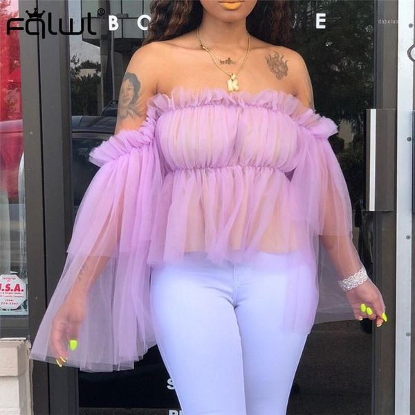 

fqlwl off shoulder ruffles pleated mesh blouse women strapless pink white ladies shirt flare sleeve mesh summer blouse1