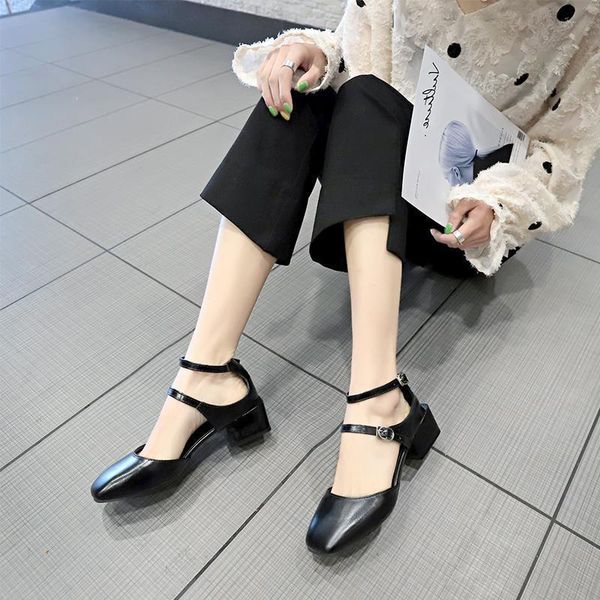 

dress shoes mary jane high heels fashion spring women's single simple solid color buckle square heel pumps zapatos de mujer u22-75, Black