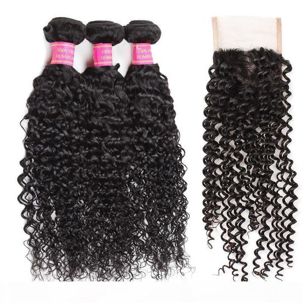 

wholesale price 8a mink brazilian virgin curly wave hair 3 bundles with 4*4 lace closure middle three part ing, Black