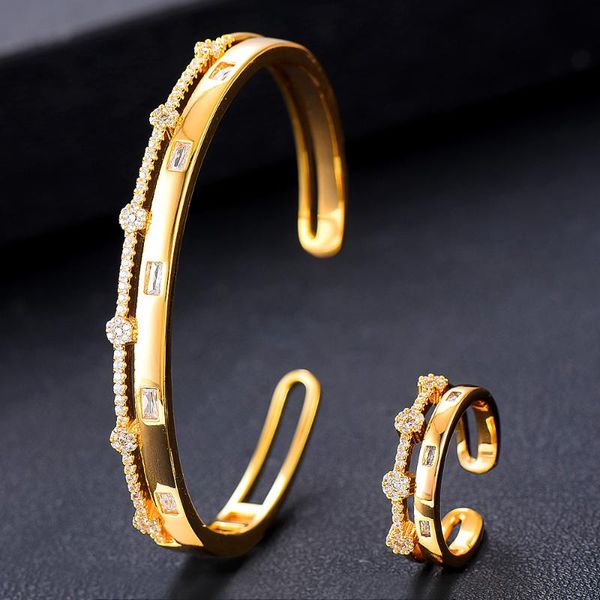 

godki luxury 2 rows bangle ring sets cubic zirconia cz dubai bridal jewelry sets for women wedding brincos para as mulheres, Silver