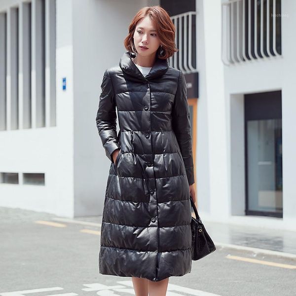 

genuine leather jacket women slim sheepskin duck down winter coat women korean long jacket chaqueta mujer 18008 yy7921, Black