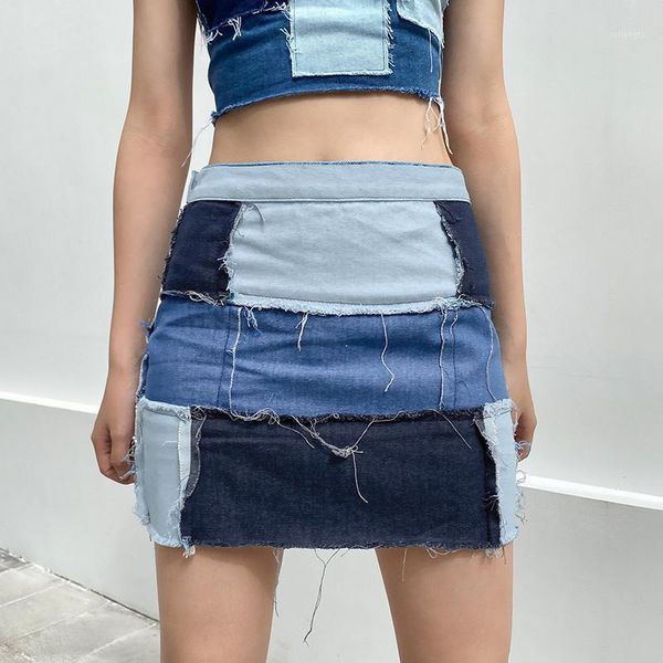 

2020 vintage blue denim skirt women high waist a-line skirt patchwork bottoms cowboy fashion streetwear ins style1, Black